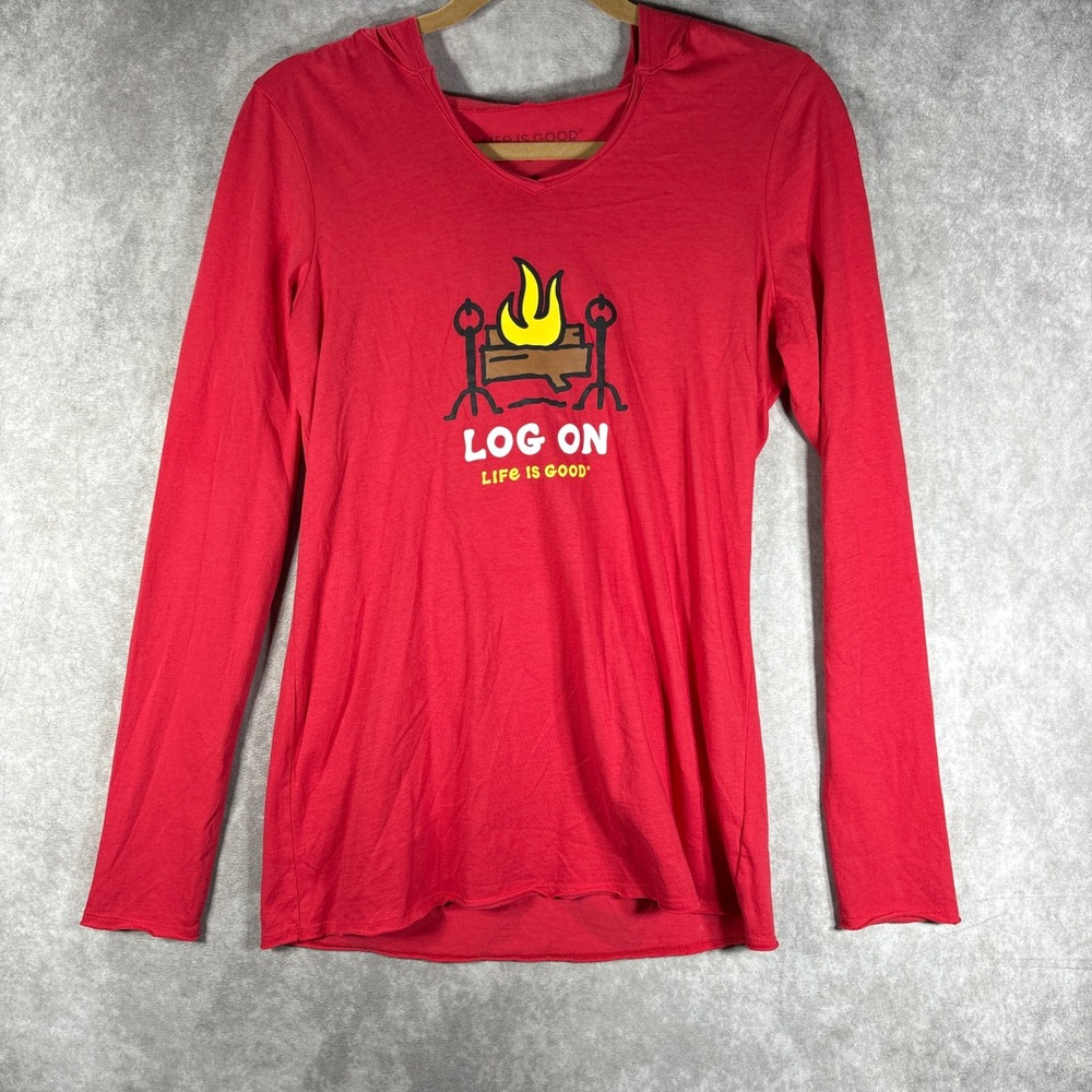 Life is Good Hooded Shirt Womens S Red Log On Graphic Long Sleeve Cotton Outdoor